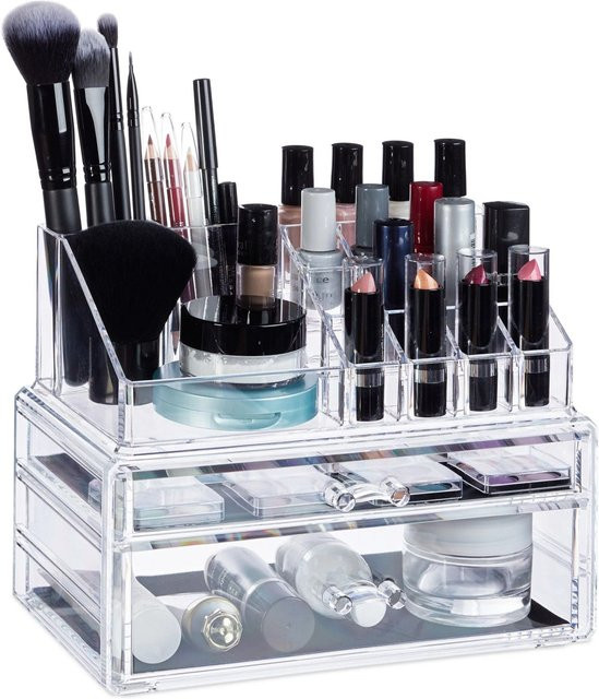Relaxdays Make-up Organizer aus Acryl in Transparent mit 2 Schubladen, B: 23,5 cm, T: 19 cm, H: 14 cm - Bild 1
