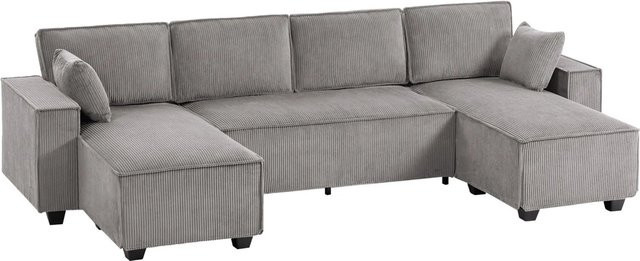 HOMCOM Ecksofa in U-Form mit Streifenstruktur, Hellgrau, B: 311 cm, T: 154 cm, H: 91 cm - Bild 1