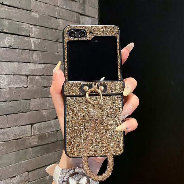 Luxuriöse Glitzer-Handyhülle mit Kunstdiamanten und Armband für Samsung Galaxy Z Flip (Modelle 3, 4, 5, 6, 7, 8 und FE) in Gold, stoßfeste Hartschale - Bild 1