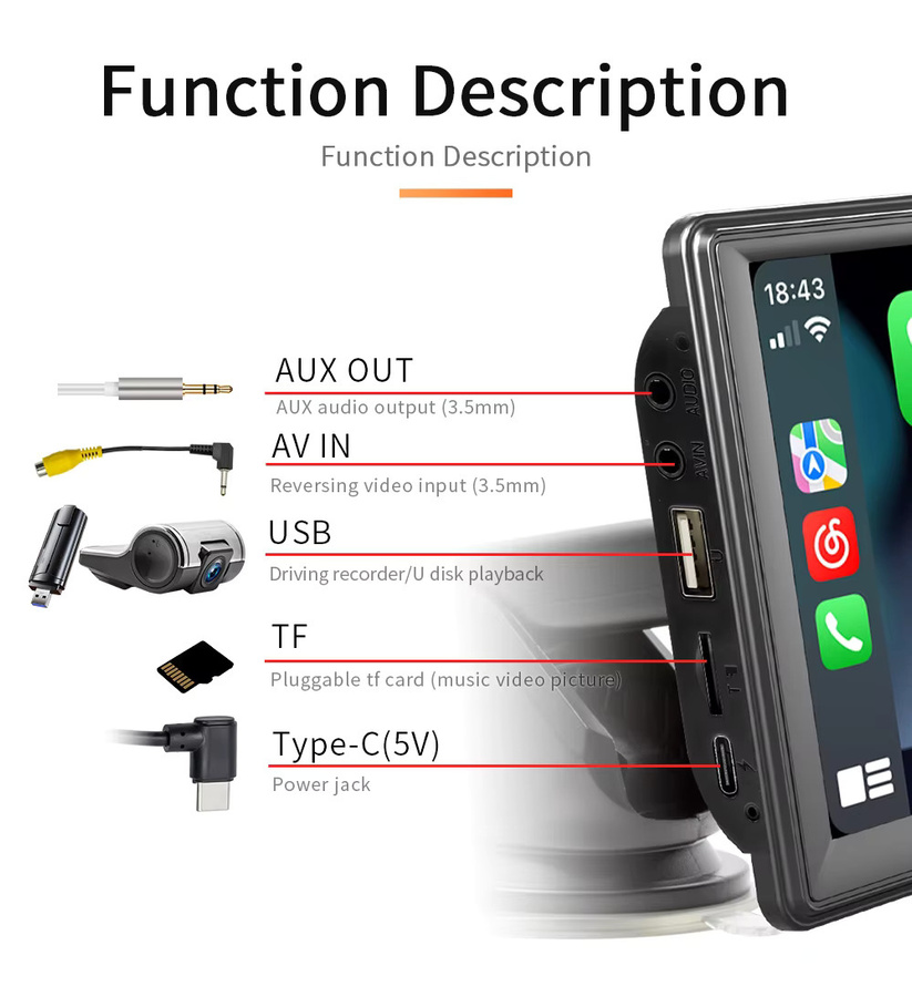 BQCC Tragbares Universelles Autoradio mit 7 Zoll Touchscreen, Bluetooth, FM, kabelloses CarPlay und Android Auto, Schwarz - Bild 5