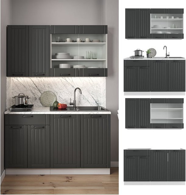 Vicco Küchenzeile Fame-Line Single Einbauküche im Landhausstil, Anthrazit und Weiß, Breite: 140 cm - Bild 1