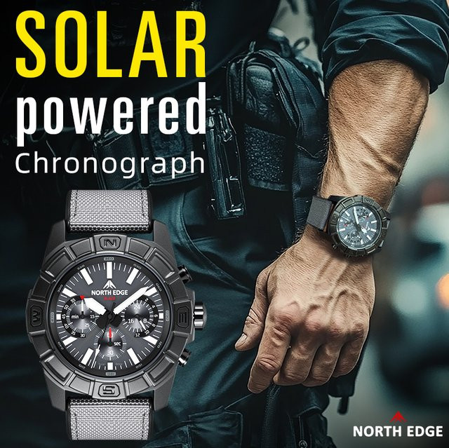 NORTH EDGE Armbanduhr, Solar, Edelstahl, Schwarz, Herren - Bild 1