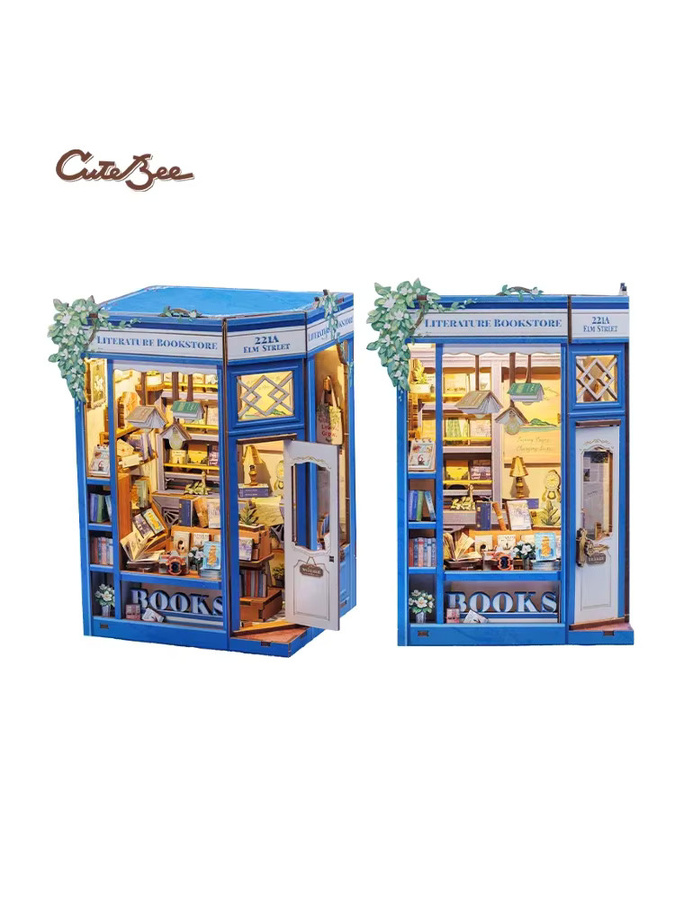 CUTEBEE Miniatur-Buchhandlungsset aus Holz mit warmen LED-Lichtern und detaillierter Einrichtung in Naturfarben als DIY-Modellbau-Set für Erwachsene und Teenager - Bild 5