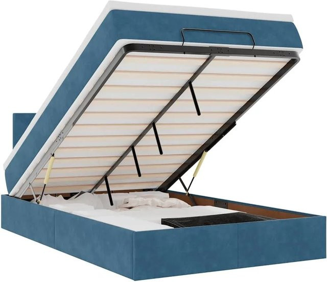 vidaXL Ottomane Bett mit Matratze und LED-Unterbettbeleuchtung in Dunkelblau aus Samt mit USB-Ladeanschluss und Lift-up-Funktion, B/T: 120 x 190 cm - Bild 1