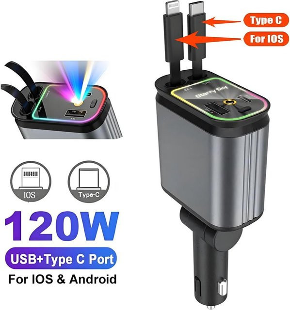 YJMP Auto Parts 120W 4-in-1 Schnellladegerät für das Auto mit 2 einziehbaren USB-C Kabeln und Umgebungslicht in Grau - Bild 1