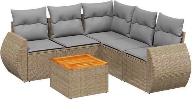 vidaXL 6-teilige Garten-Sofagarnitur in L-Form mit Kissen und Couchtisch, Beige/Grau, Poly-Rattan mit Metallgestell und UV-beständigen Polstern - Bild 1