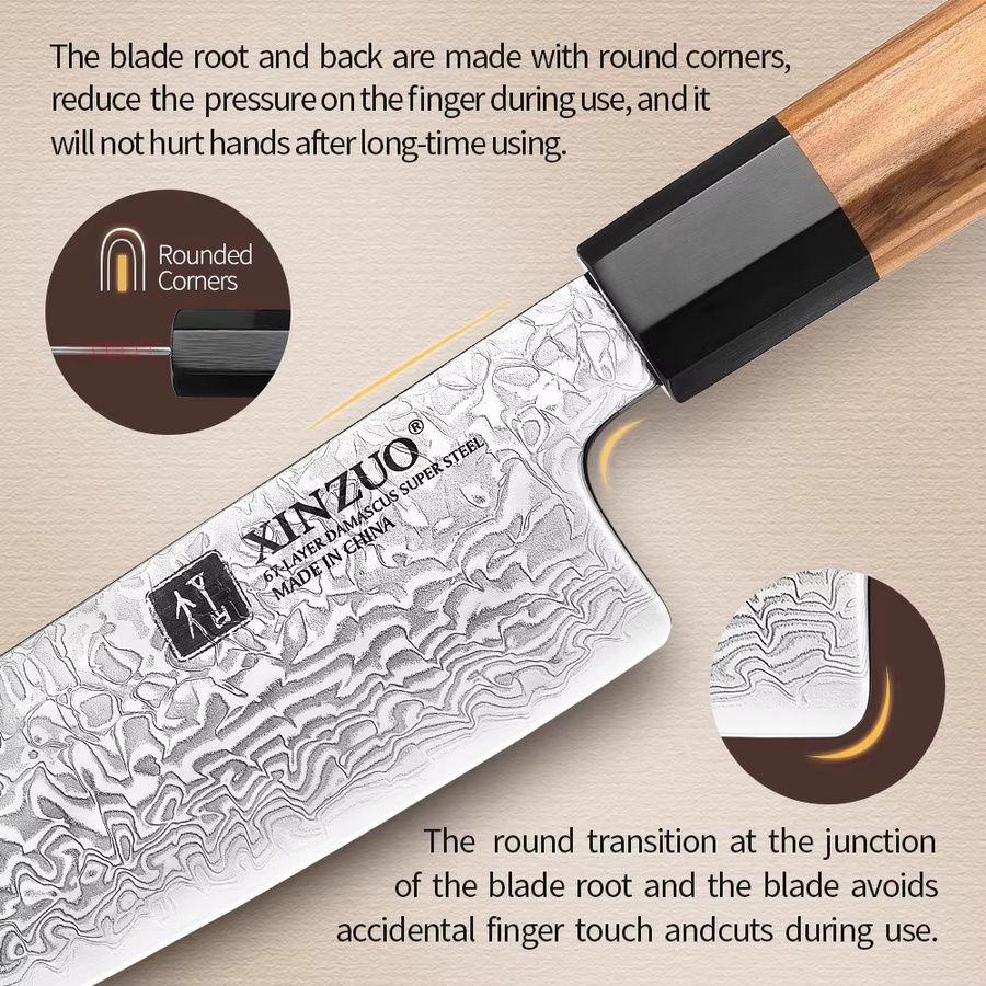 XINZUO Santoku Kochmesser aus 10Cr15CoMoV Stahl mit braunem Olivenholzgriff, 18,54 cm - Bild 3