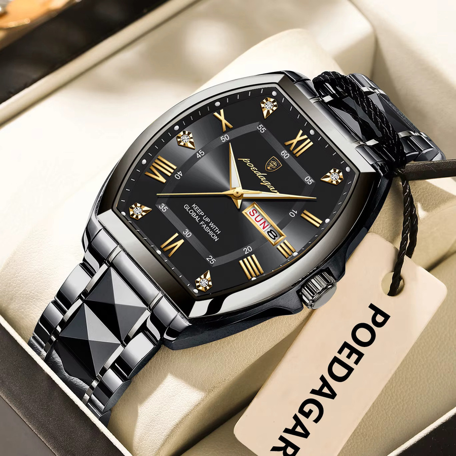 POEDAGAR Armbanduhr Tonneau, Quarz, Edelstahl, Schwarz, Silber, Herren - Bild 2
