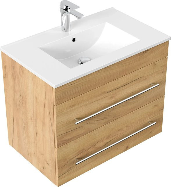 Posseik Badmöbel Artemis Waschbeckenunterschrank in Eiche Gold mit Keramikwaschbecken B/T/H: 75,5 x 45,0 x 60,0 cm - Bild 1
