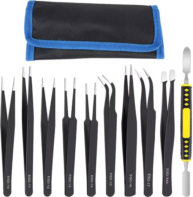 NEWBEAT 10-teiliges ESD Präzisions-Pinzettenset aus Edelstahl in Schwarz mit gebogenen und geraden Spitzen für industrielle Reparaturen - Bild 1