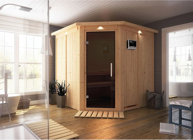 Karibu Sauna Jorma aus Fichte mit 9,0 kW Ofen, externem Steuergerät, LED-Dachkranz und Ganzglastür in Graphit/Natur - Bild 2