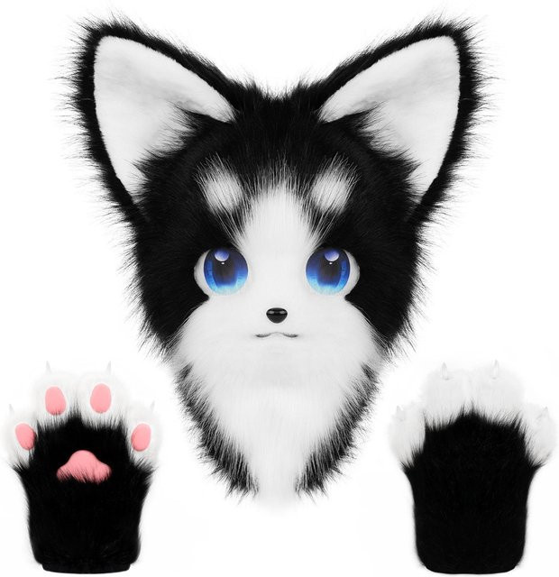 YIRAN Tier Katze Fursuit Kopfmaske, Furry und Therian Pfotenhandschuhe Set, Schwarz - Bild 1