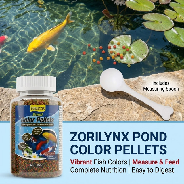 ZORILYNX Teichfarben-Pellets mit Messlöffel, gesunde Nahrung für Goldfische, Koi und alle Teichfische, 150 g - Bild 1