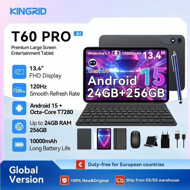 KINGRID T60 PRO Android 15 Tablet-PC mit Tastatur und Bluetooth-Maus, 13,4 Zoll, 24GB RAM, 256GB Speicher, 10000mAh Akku, 16MP+8MP Kamera - Bild 1