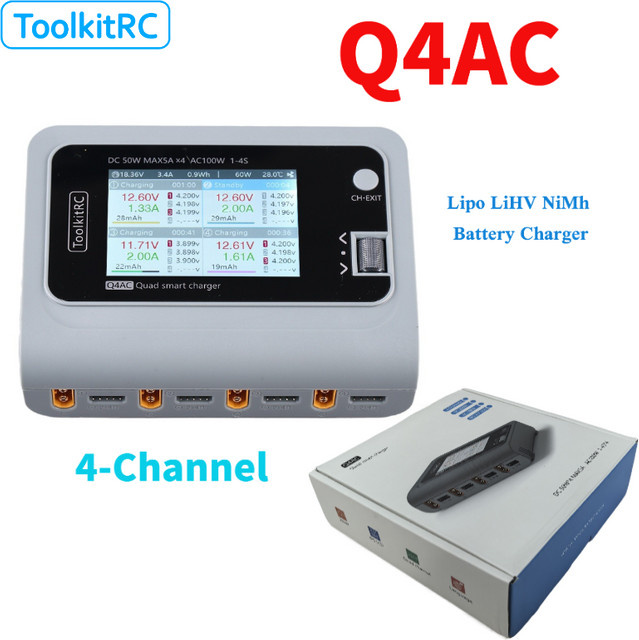 ToolkitRC Q4AC 3S Lipo-Akkuladegerät, für RC-Autos, mit XT60 XT30 Adaptern, 4-Port DC Smart-Entladegerät, 4x50W 5A AC 100W - Bild 1