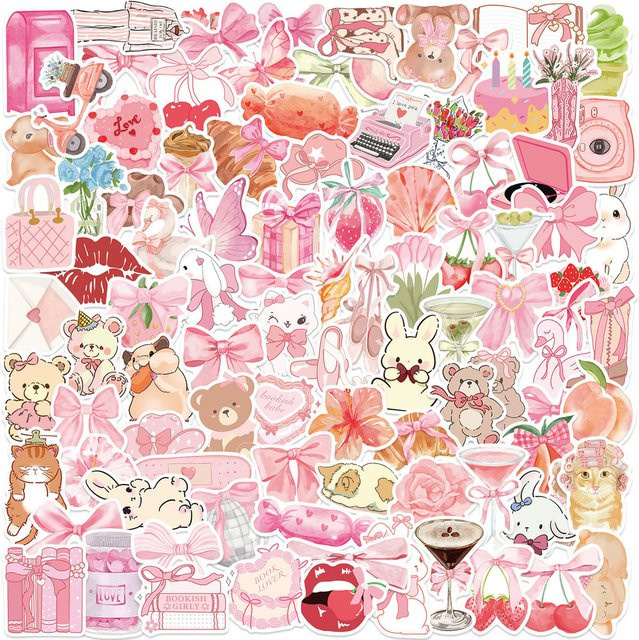 Kawaii Pink Doodle Aufkleber-Set von RecordingYourLife mit 100 oder 50 Blatt abnehmbare Cartoon-Aufkleber für dein Notebook oder deinen Koffer - Bild 1