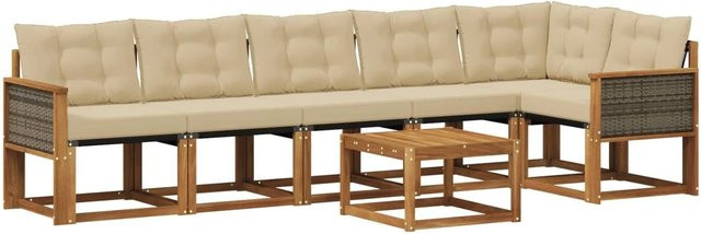 vidaXL Outdoor-Sofagarnitur L-Form aus Akazienholz mit 7 Kissen in Natur und Beige - Bild 1