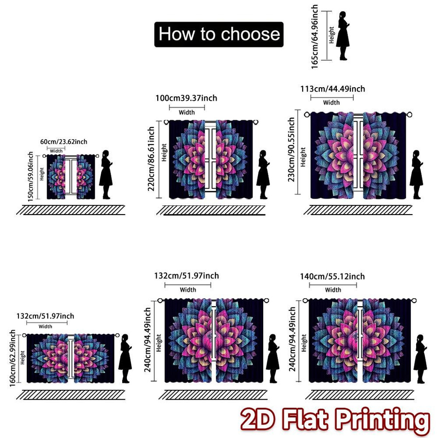 Tonnika Chen Vorhang-Set mit floralem Lotus-Motiv aus Polyester, blickdicht, Multicolor, B: 100 cm, H: 70 cm, 2 Stück - Bild 2