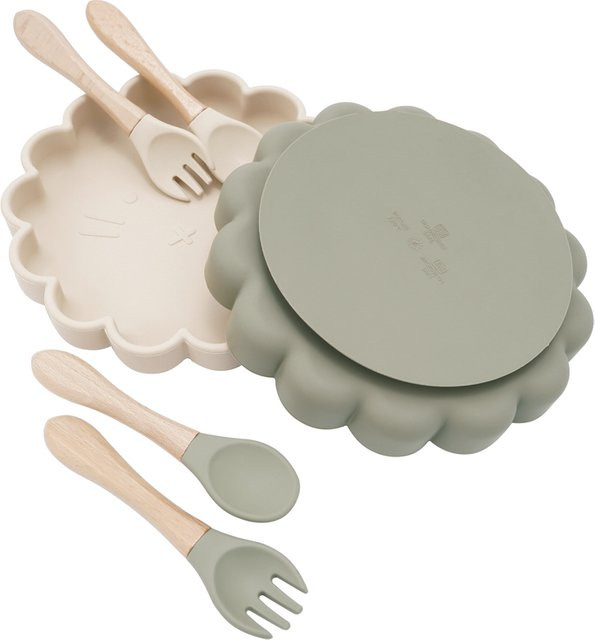 3-teiliges Silikon Baby Geschirr Set mit Teller Löffel und Gabel in Gelb und Blumenform mit Saugnapf - Bild 1