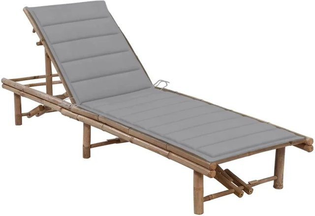 Furnicato Garten-Sonnenliege aus Bambus mit grauer Auflage und verstellbarer Kopfstütze, B/T/H: 200 x 65 x 30-87 cm - Bild 1