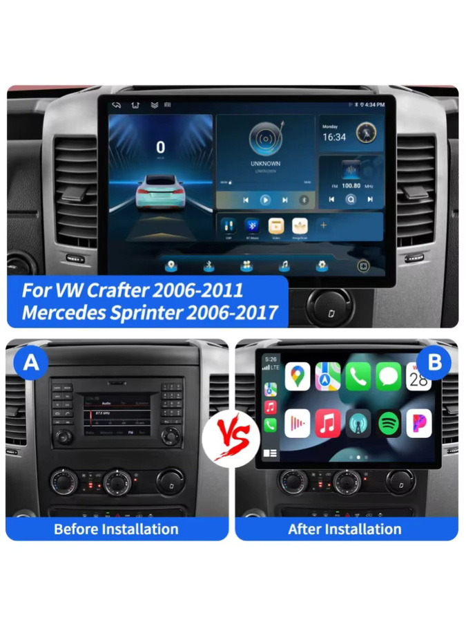 MOPECT Android 15 Autoradio mit 13,3 Zoll Touchscreen, 6GB RAM + 128GB Speicher, GPS, CarPlay, Bluetooth, 4G LTE und Rückfahrkamera für VW Crafter 2006-2011 und Mercedes Sprinter 2006-2017, Schwarz - Bild 8