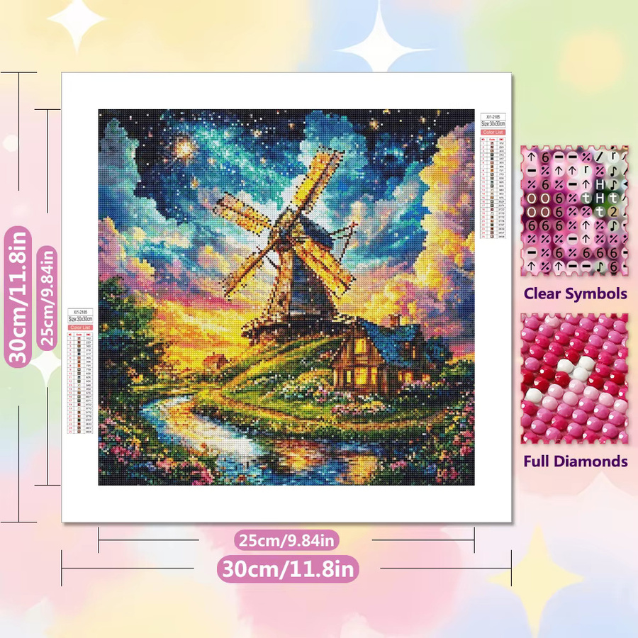 EverShine Diamant-Gemälde Windmühle und Haus als DIY Mosaik-Landschaft in Nachtlandschaft-Optik, Multicolor, B/H: 20 x 20 cm - Bild 2