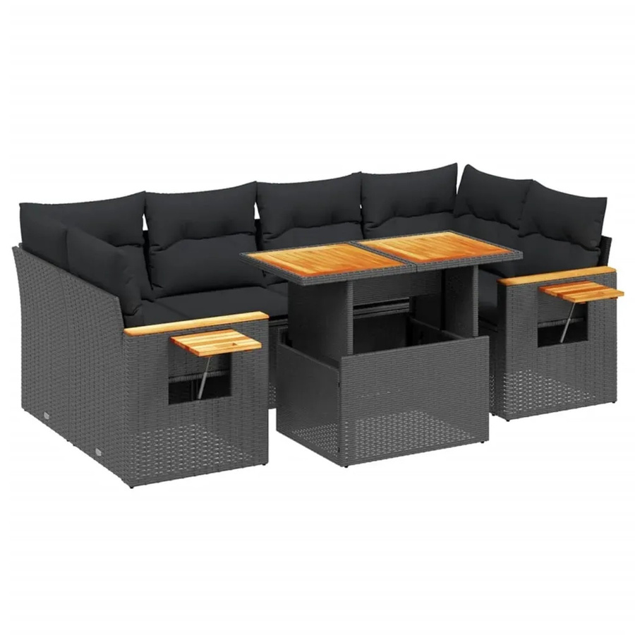 vidaXL 7-tlg Garten-Sofagarnitur in L-Form aus schwarzem Poly-Rattan mit Kissen und pulverbeschichtetem Stahlgestell - Bild 2