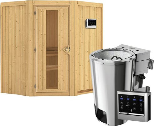 Karibu Sauna Tuckum aus Fichtenholz mit 3,6 kW Saunaofen und externer Steuerung für 3 Personen, beige - Bild 1