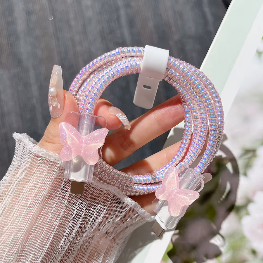 Rosa 3D-Schmetterlings-Schutzhülle mit Wellenrand und Kabelwickler für Apple 18W/20W USB-Ladegeräte - Bild 2