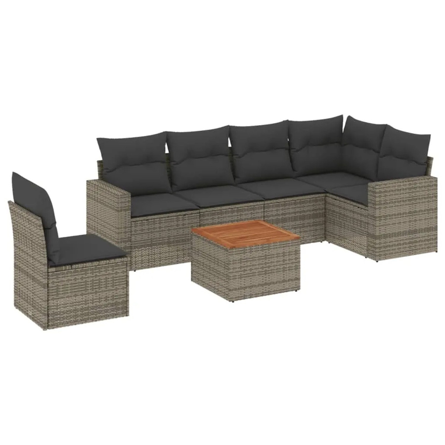 vidaXL 7-tlg Garten-Sofagarnitur in L-Form aus grauem PE-Rattan mit Kissen und Akazienholz - Bild 2