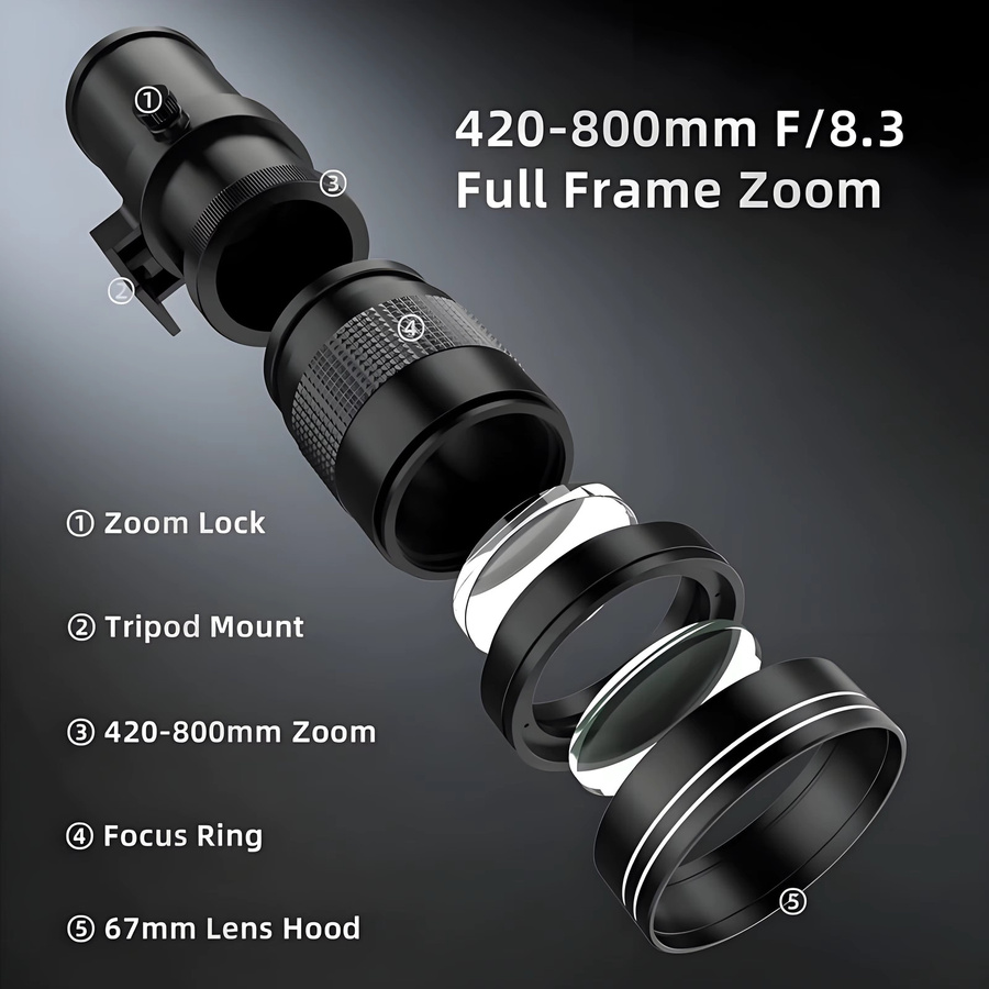 LIGINN Super-Teleobjektiv 420-800mm F/8.3-16 für Canon, Nikon und Sony, manuelles Teleobjektiv in Weiß - Bild 5