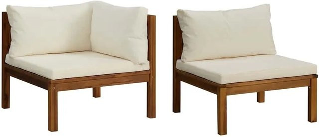 vidaXL 2 Tlg Sofagarnitur aus Akazienmassivholz mit weißen Kissen, L-Form Gartenmöbel Set - Bild 1