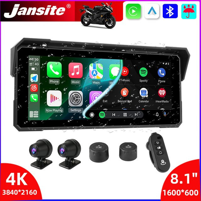 Jansite Tragbarer 8,1 Zoll Motorrad Recorder mit 4K UHD, IP67 Wasserdicht, GPS-Navigation, Wireless CarPlay und Android Auto, Schwarz - Bild 1