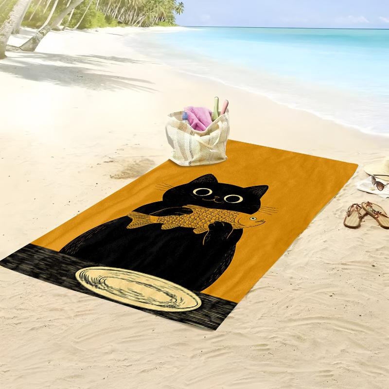 Strandtuch mit künstlerischem Design Schwarze Katze hält Fisch aus weicher Mikrofaser, B: 30 cm, H: 60 cm - Bild 5