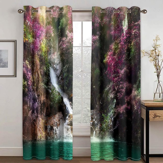 Zweiteiliger Vorhang mit Wasserfall-Landschaftsmotiv im 3D-Digitaldruck aus Polyester, halbtransparent, Mehrfarbig, Breite: 50 cm, Höhe: 130 cm pro Paneel - Bild 1
