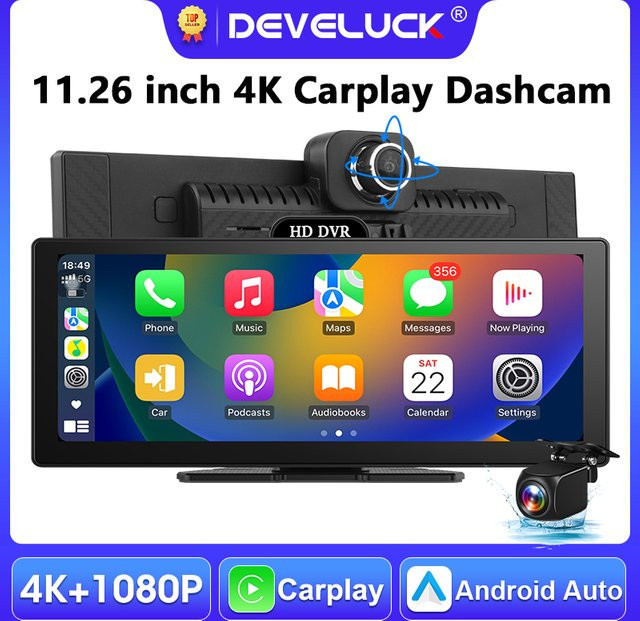 Develuck 4K Dashcam mit 11,26 Zoll IPS-Bildschirm, kabelloses CarPlay und Android Auto, GPS-Navigation und Dual-Linsen, Schwarz - Bild 1
