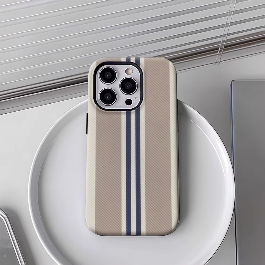 Handyhülle für Apple iPhone 12 bis 17 Pro Max Plus mit braun blauem und weißem Streifenmuster und doppelschichtiger Rückseite - Bild 3