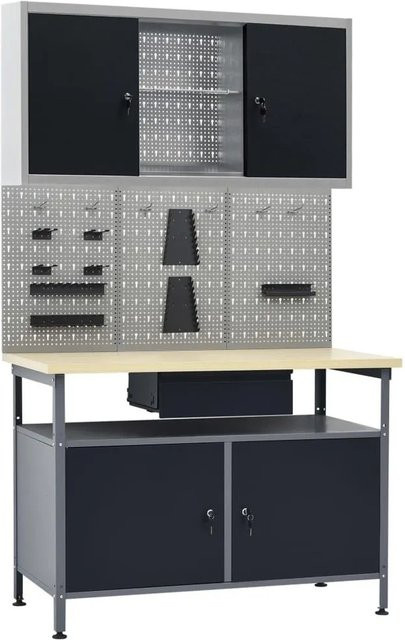 vidaXL Werkbank mit 3 Werkzeugwänden und 1 Wandschrank in Schwarz-Grau, höhenverstellbar, B: 120 cm, T: 60 cm, H: 85 cm - Bild 1