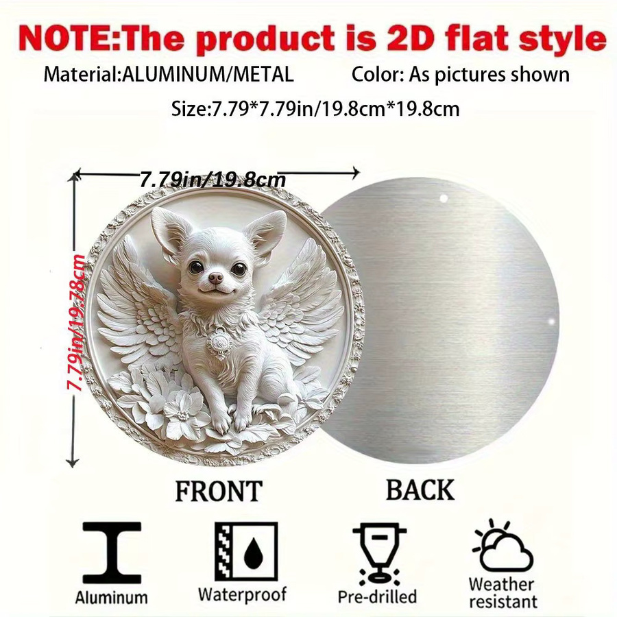 Potdemiel Angel Dog Relief Wall Art – Geflügelter Chihuahua als 2D Flat Hängeschild aus Aluminium, Weiß, Durchmesser: 19,79 cm - Bild 2