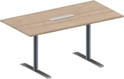 Schäfer Shop Genius Konferenztisch MODENA FLEX in Eiche-Dekor und Weißalu mit 6-fach Anschluss und T-Fuß Rundrohr, B: 160 cm, T: 80 cm, H: 65-85 cm - Bild 1