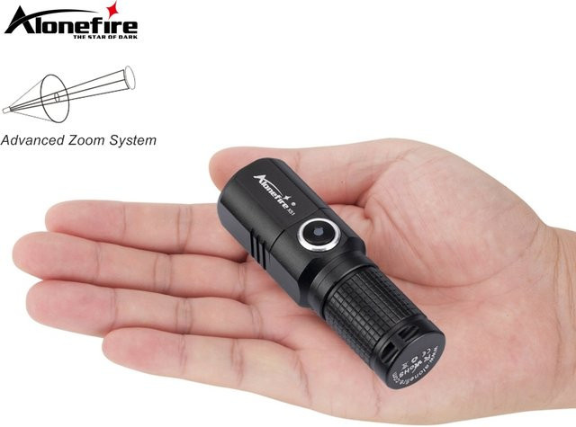 Alonefire Hochleistungs-Mini-Taschenlampe mit Zoom, USB-aufladbar, Schwarz, Aluminium - Bild 1