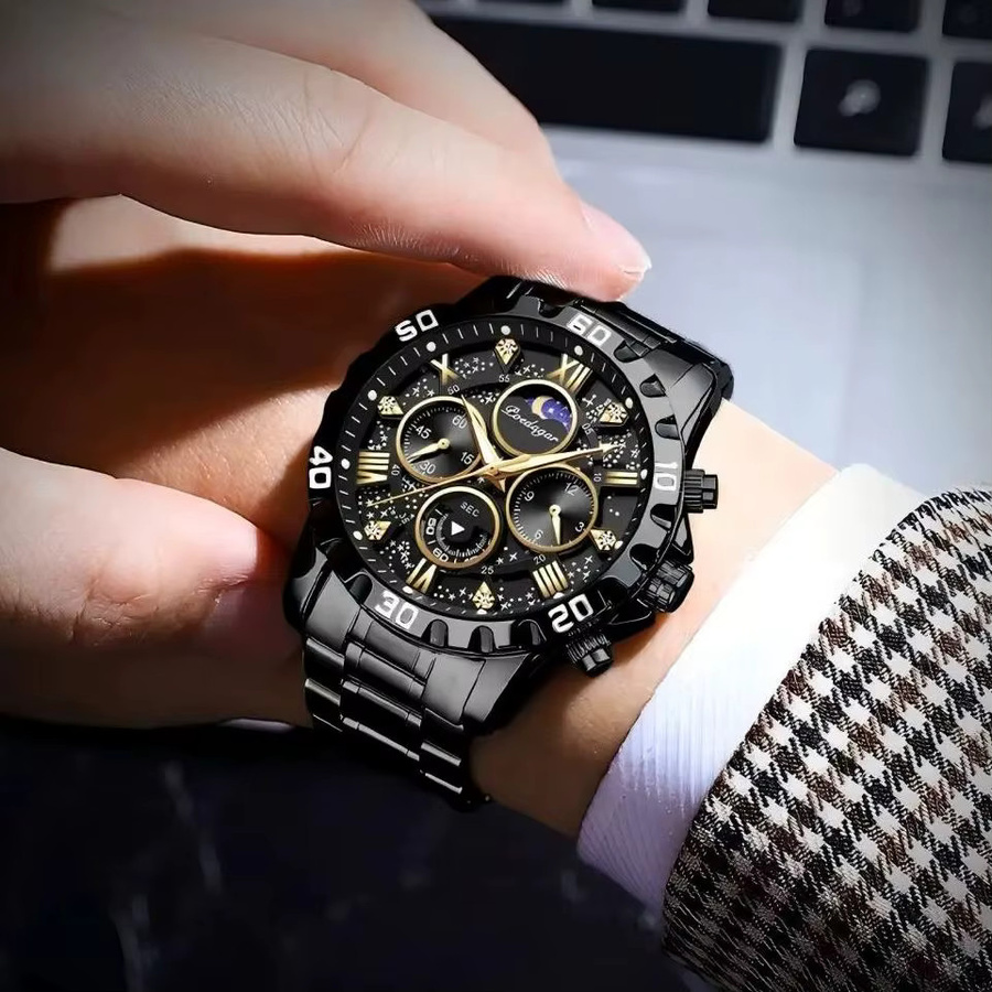 POEDAGAR Chronograph Armbanduhr, Quarz, Edelstahl, Schwarz, Herren - Bild 5
