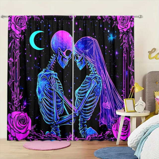 2er-Set Halloween Vorhänge mit Totenkopf-Druck in Brillantrosa und Blau, halbtransparent mit Stangentasche, B: 52,5 cm, H: 116 cm - Bild 1