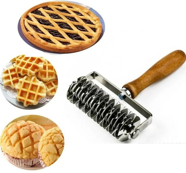 FEB.WIND Pizza-Gitterroller aus Edelstahl mit Holzgriff in Silber für Gebäck und Brot - Bild 1