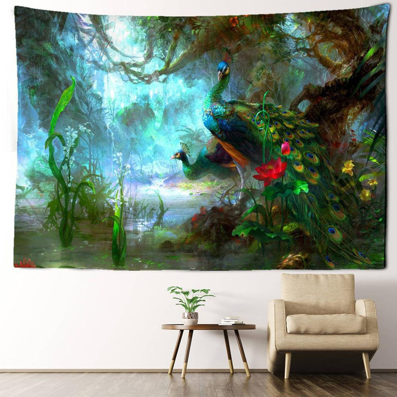 Bohemian Wandkleed mit Tropischem Regenwald und Pfau Motiv, mehrfarbig, Textil, Breite: 95 cm, Höhe: 70 cm - Bild 3