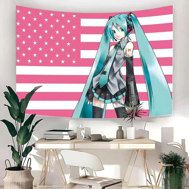 VIKAMA Miku Patriotischer Anime-Mädchen Wandteppich mit US-Flagge in Türkis und Multicolour, Wandbehang für deine Wohnheim-Dekoration, Breite: 60 cm, Höhe: 40 cm - Bild 1