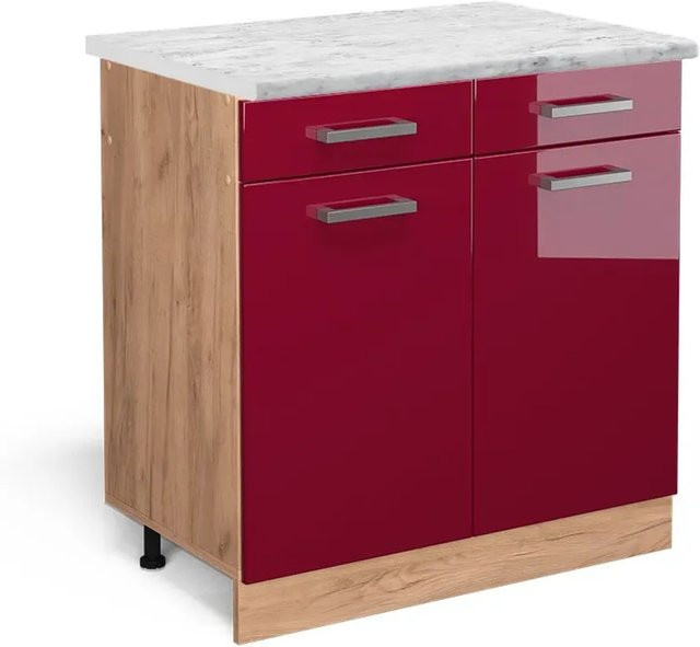 Vicco Küchenunterschrank R-Line Schubladenschrank in Bordeaux Hochglanz mit Marmor-Optik, Breite: 80 cm - Bild 1