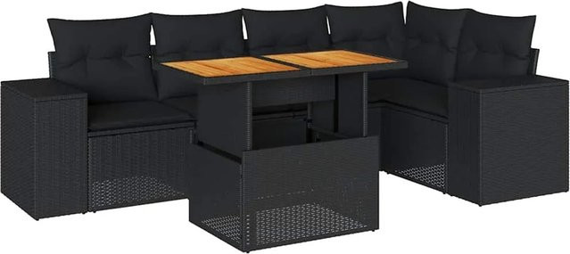 vidaXL 6-tlg Garten-Sofagarnitur in L-Form aus Polyrattan und Akazienholz mit Kissen, Schwarz - Bild 1