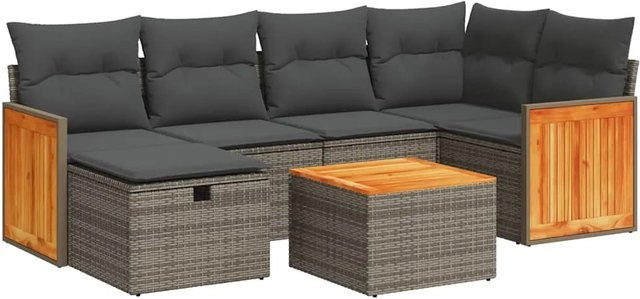 vidaXL 7-teilige Garten-Sofagarnitur aus Poly Rattan in Grau mit Kissen und Couchtisch für Terrasse und Garten - Bild 1
