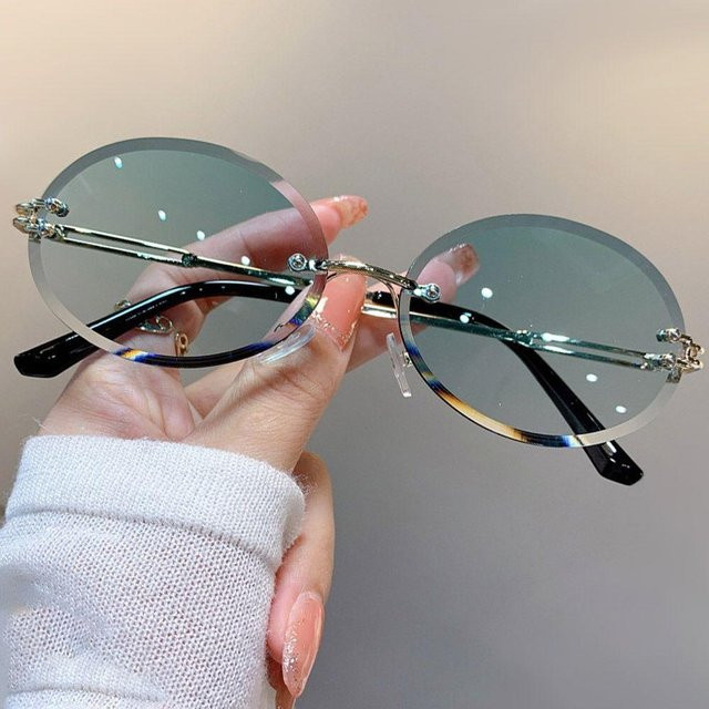 Ovale Sonnenbrille, randlos, Metall, Green Grey, Unisex - Bild 1